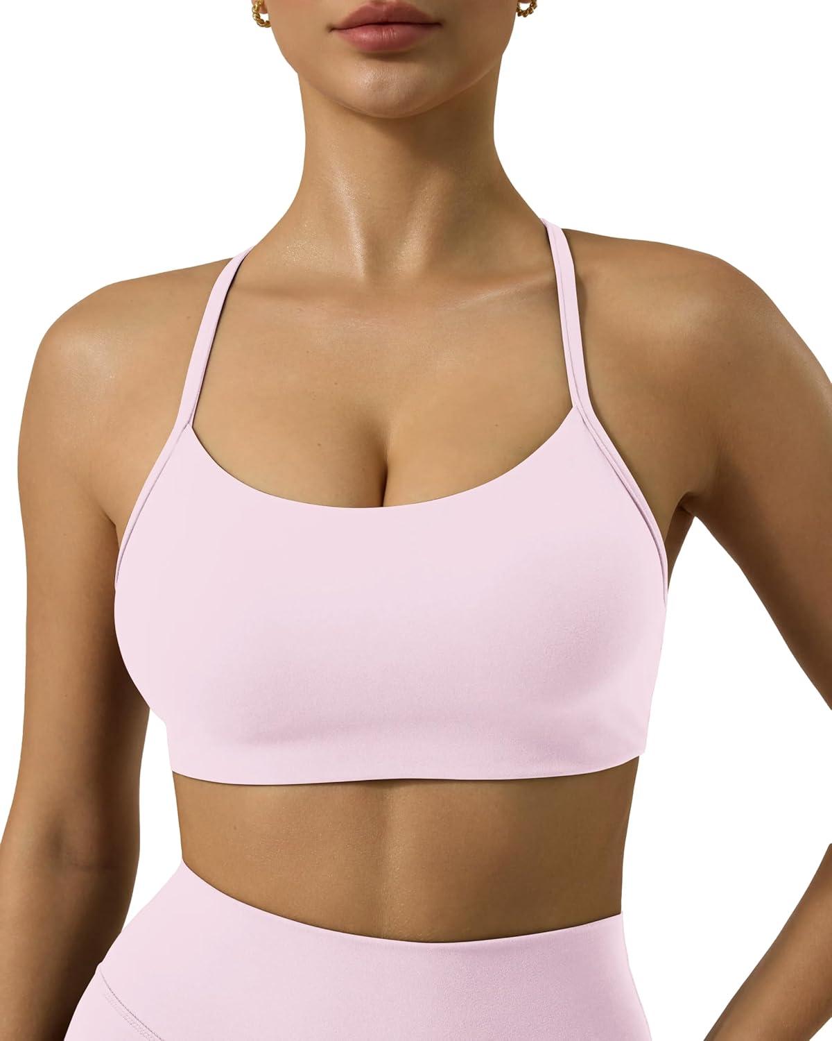 image:imagePAVOI ACTIVE Yoga Racerback Bras for Women Buttery Soft Low Support Scoop Neck YBack Thin Strap Sports Bra FlexFlowBlossom Pink