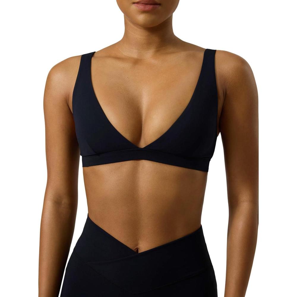 image:imagePAVOI ACTIVE Deep V Neck Sports Bra for Women Low Coverage Open Back V Plunge Low Cut Workout Bra Removable Pads FlexFlowBlack