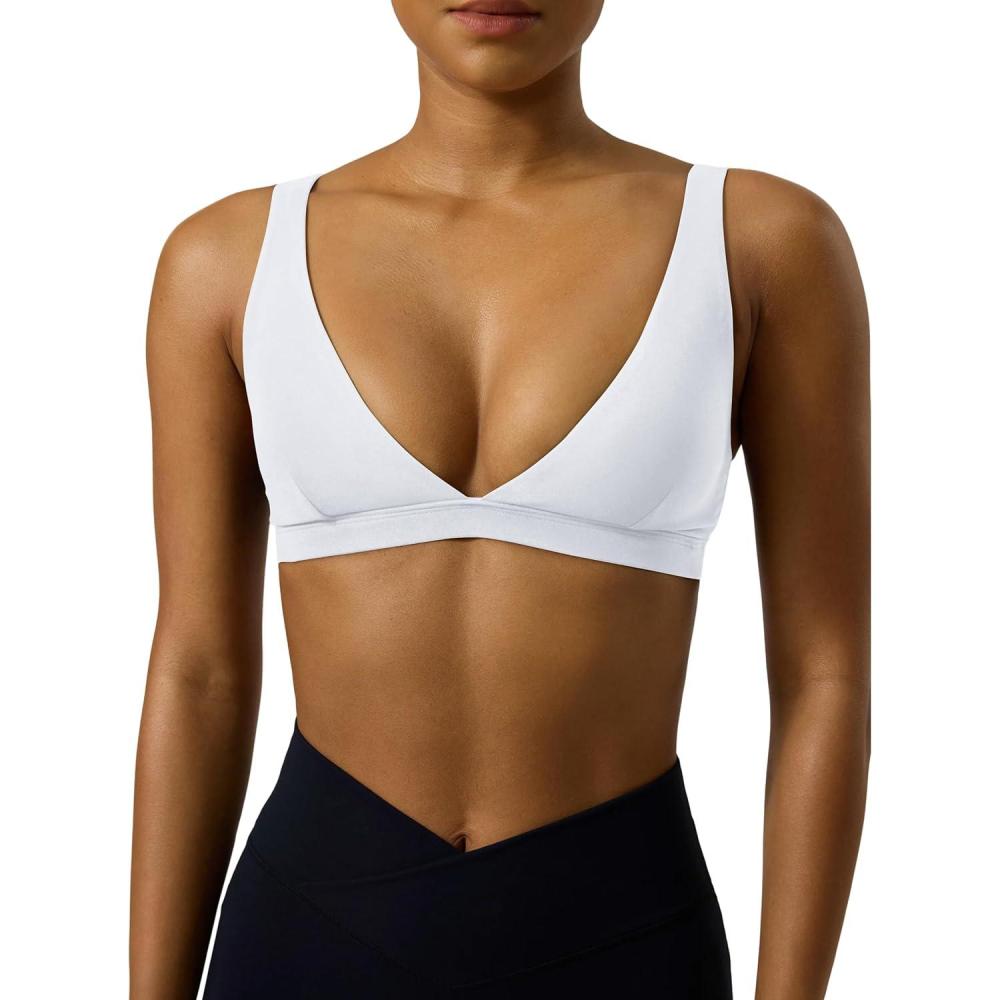 image:imagePAVOI ACTIVE Deep V Neck Sports Bra for Women Low Coverage Open Back V Plunge Low Cut Workout Bra Removable Pads FlexFlowWhite