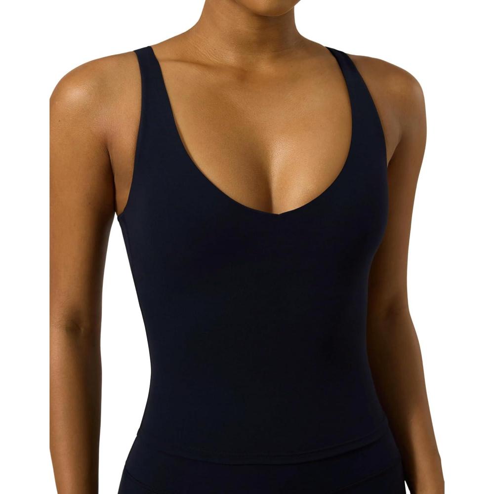 image:imagePAVOI ACTIVE Sports V Neck Tank Top for Women Low V Front amp Back Mid Support Cropped Tight Tank with Shelf Bra FlexFlowBlack