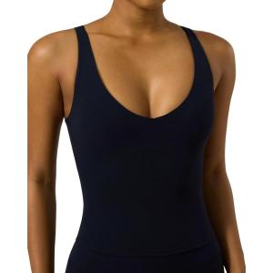 PAVOI ACTIVE Sports V Neck Tank Top for Women – Low V Front & Back Mid Support Cropped Tight Tank with Shelf Bra – FlexFlow(Black)
