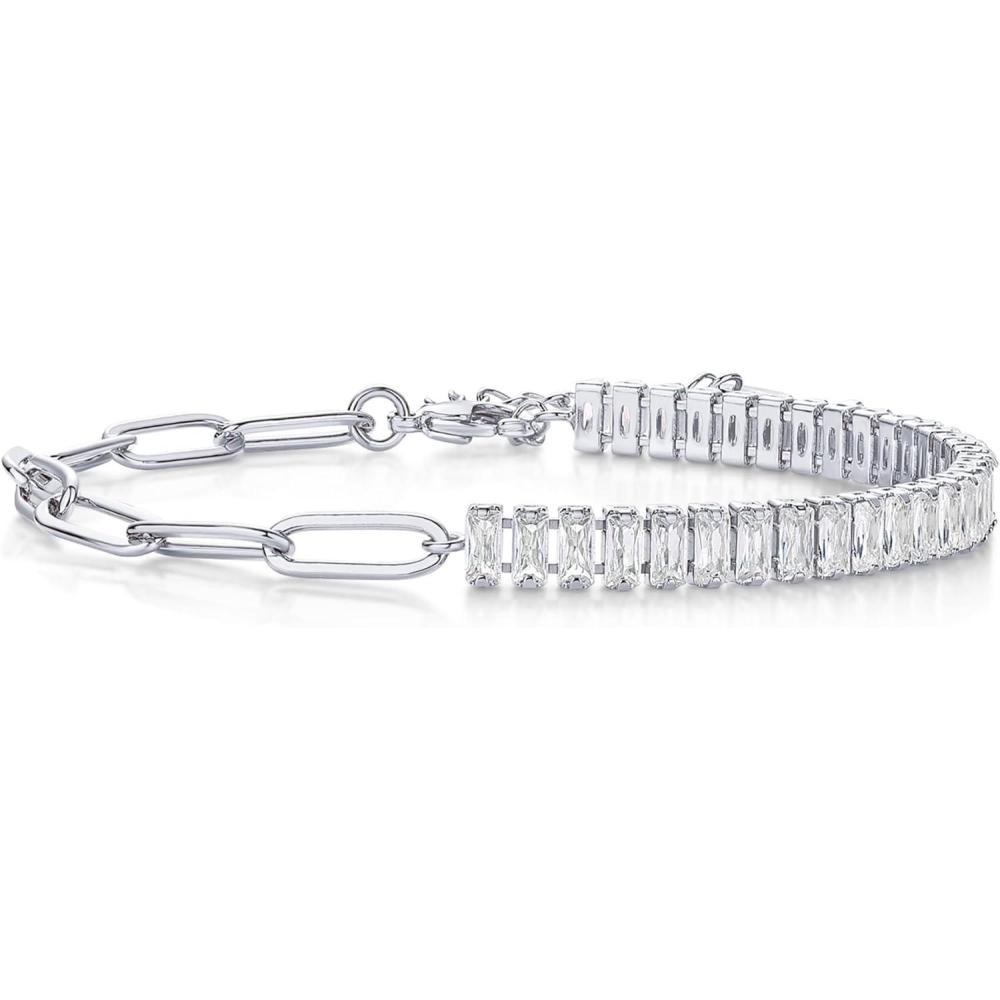 image:imagePAVOI Gold Plated Paper Clip Chain Bracelet with Baguette Cubic zirconias 65 15 Adjustable Dainty Womens JewelryWhite Gold