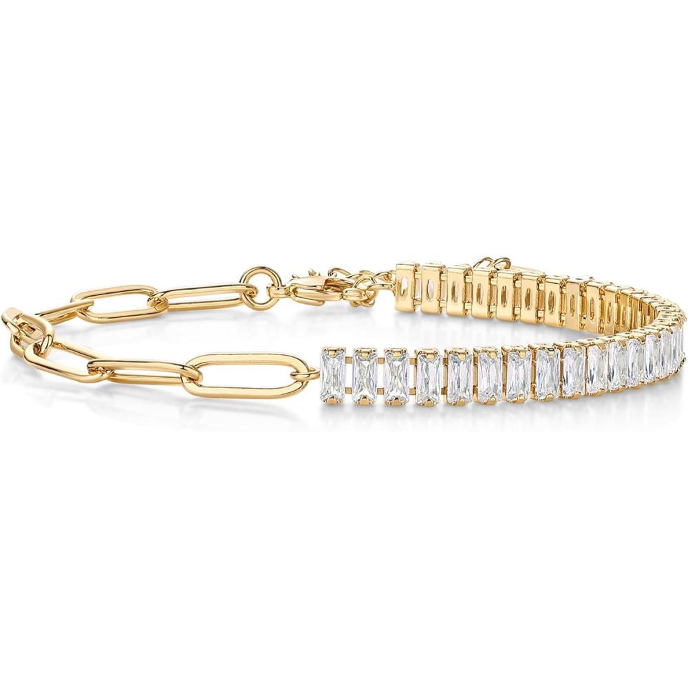 image:imagePAVOI Gold Plated Paper Clip Chain Bracelet with Baguette Cubic zirconias 65 15 Adjustable Dainty Womens JewelryYellow Gold