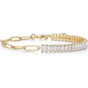 PAVOI Gold Plated Paper Clip Chain Bracelet with Baguette Cubic zirconias, 6.5″ + 1.5″ Adjustable, Dainty Women’s Jewelry(Yellow Gold)
