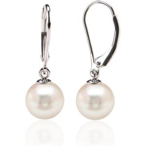 PAVOI Rhodium Plated 925 Sterling Silver Simulated Shell Pearl Earrings Leverback Dangle Studs(8mm)