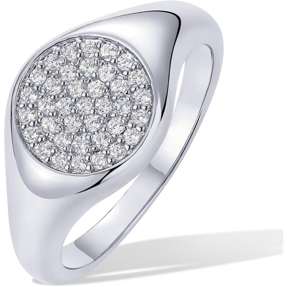 image:imagePAVOI 14K Gold Plated Signet Pinky Ring 21mm Thin Band Round Cubic Zirconia Womens JewelryWhite Gold