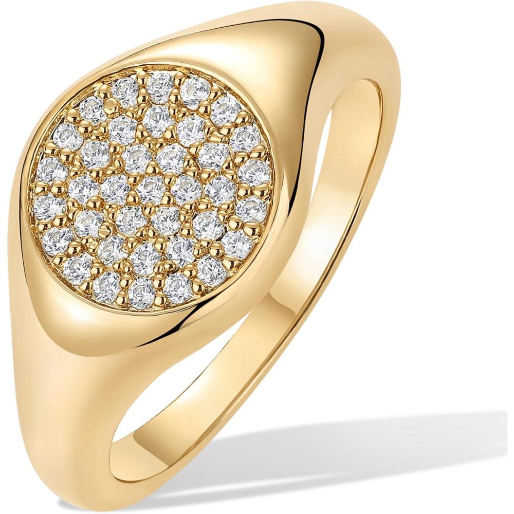 image:imagePAVOI 14K Gold Plated Signet Pinky Ring 21mm Thin Band Round Cubic Zirconia Womens JewelryYellow Gold