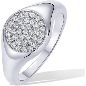 PAVOI 14K Gold Plated Signet Pinky Ring 2.1mm Thin Band, Round Cubic Zirconia, Women’s Jewelry(White Gold)