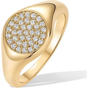 PAVOI 14K Gold Plated Signet Pinky Ring 2.1mm Thin Band, Round Cubic Zirconia, Women’s Jewelry(Yellow Gold)