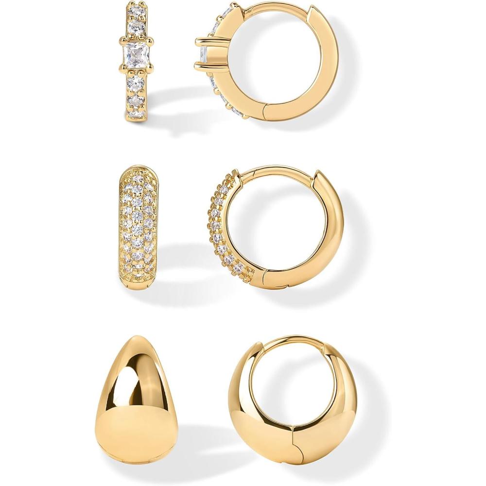image:imagePAVOI 18K Gold Plated 925 Sterling Silver Posts Three Pairs Huggie Hoop Earrings for Women Triple Gold Hoop Earring Pack with Cubic Zirconia Chunky Dome Pave Huggie Piercing Statement Jewelry SetYellow Gold