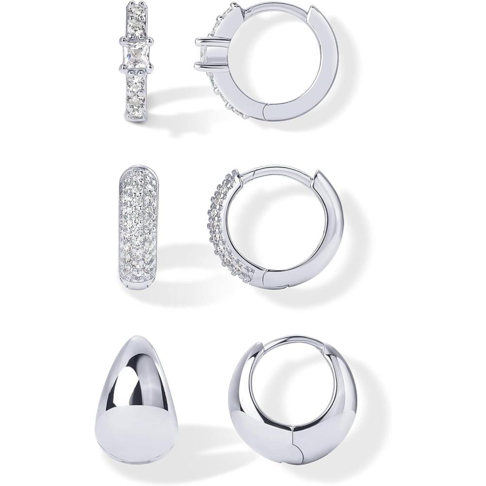 image:imagePAVOI 18K Gold Plated 925 Sterling Silver Posts Three Pairs Huggie Hoop Earrings for Women  Triple Gold Hoop Earring Pack with Cubic Zirconia  Chunky Dome Pave Huggie Piercing Statement Jewelry SetWhite Gold