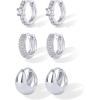 PAVOI 18K Gold Plated 925 Sterling Silver Posts Three Pairs Huggie Hoop Earrings for Women – Triple Gold Hoop Earring Pack with Cubic Zirconia – Chunky Dome Pave Huggie Piercing Statement Jewelry Set(White Gold)