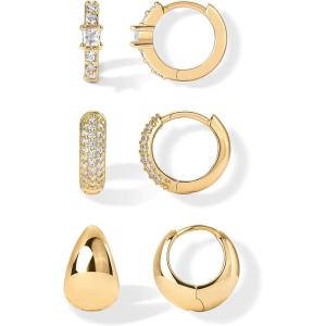 PAVOI 18K Gold Plated 925 Sterling Silver Posts Three Pairs Huggie Hoop Earrings for Women – Triple Gold Hoop Earring Pack with Cubic Zirconia – Chunky Dome Pave Huggie Piercing Statement Jewelry Set(Yellow Gold)