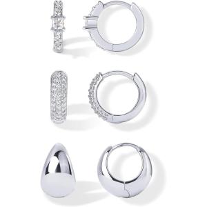 PAVOI 18K Gold Plated 925 Sterling Silver Posts Three Pairs Huggie Hoop Earrings for Women – Triple Gold Hoop Earring Pack with Cubic Zirconia – Chunky Dome Pave Huggie Piercing Statement Jewelry Set(White Gold)