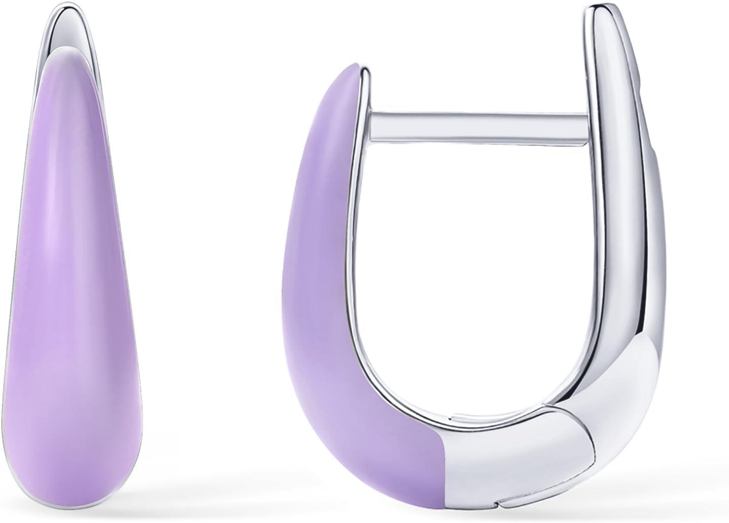 image:imagePAVOI 14K Gold Plated 925 Sterling Silver Post Earrings for Women Colored Enamel Cubic Zirconia Huggie Hoop Earrings Blue Pink Purple White JewelryWhite Gold Purple Enamel