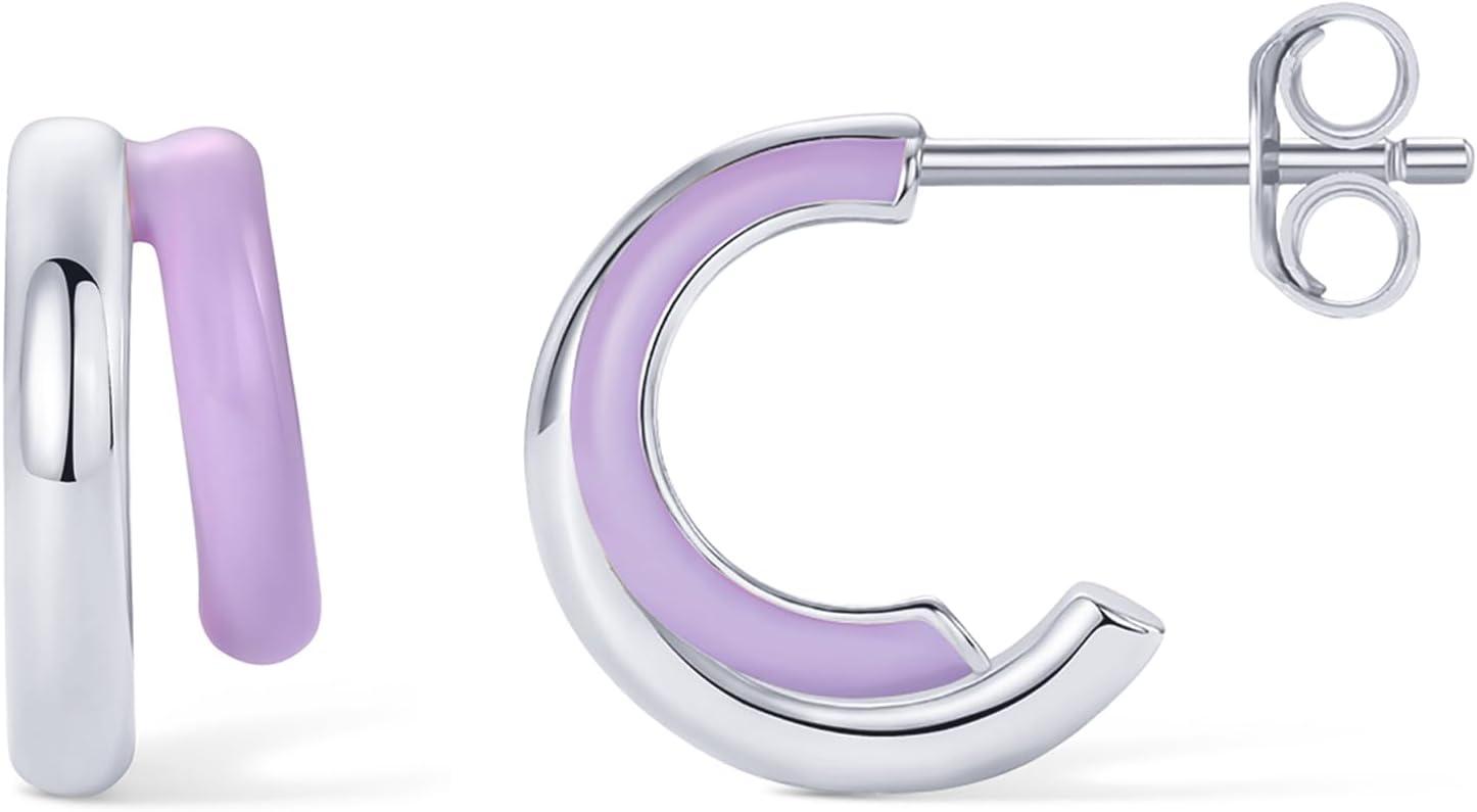 image:imagePAVOI 14K Gold Plated 925 Sterling Silver Post Earrings for Women Colored Enamel Cubic Zirconia Huggie Hoop Earrings Blue Pink Purple White JewelryWhite Gold Purple Enamel