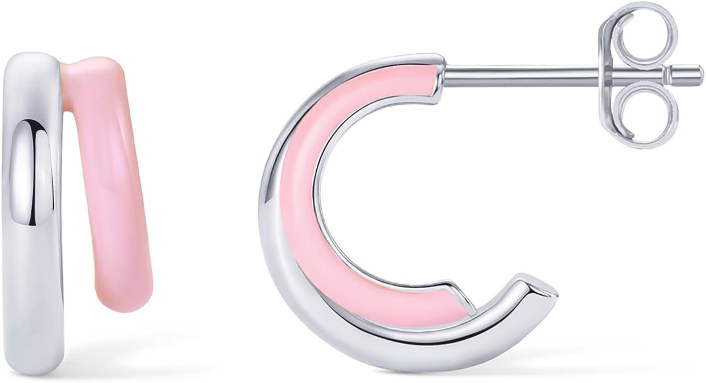image:imagePAVOI 14K Gold Plated 925 Sterling Silver Post Earrings for Women Colored Enamel Cubic Zirconia Huggie Hoop Earrings Blue Pink Purple White JewelryWhite Gold Pink Enamel