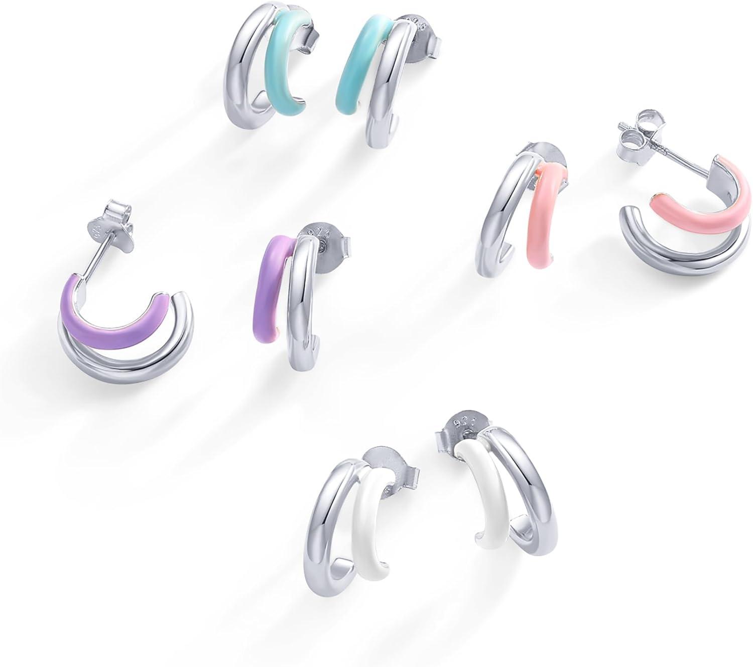 image:imagePAVOI 14K Gold Plated 925 Sterling Silver Post Earrings for Women Colored Enamel Cubic Zirconia Huggie Hoop Earrings Blue Pink Purple White JewelryWhite Gold Purple Enamel