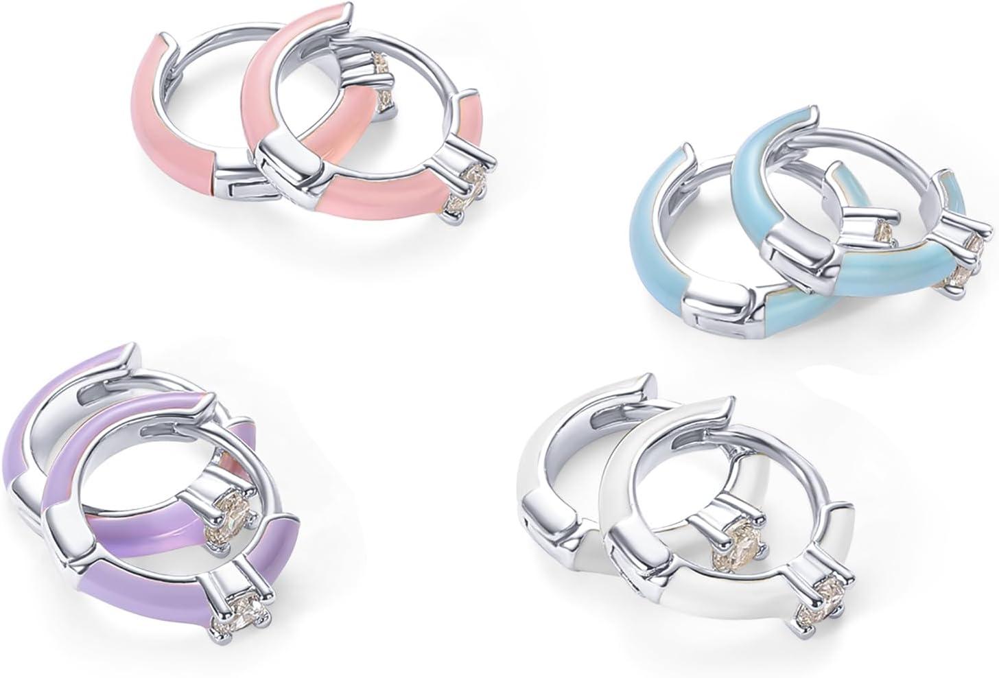 image:imagePAVOI 14K Gold Plated 925 Sterling Silver Post Earrings for Women Colored Enamel Cubic Zirconia Huggie Hoop Earrings Blue Pink Purple White JewelryWhite Gold Purple Enamel