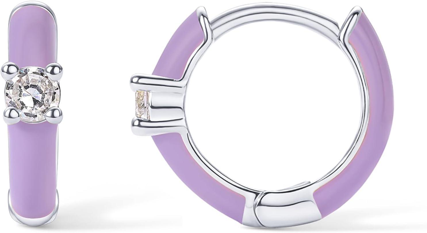 image:imagePAVOI 14K Gold Plated 925 Sterling Silver Post Earrings for Women Colored Enamel Cubic Zirconia Huggie Hoop Earrings Blue Pink Purple White JewelryWhite Gold Purple Enamel