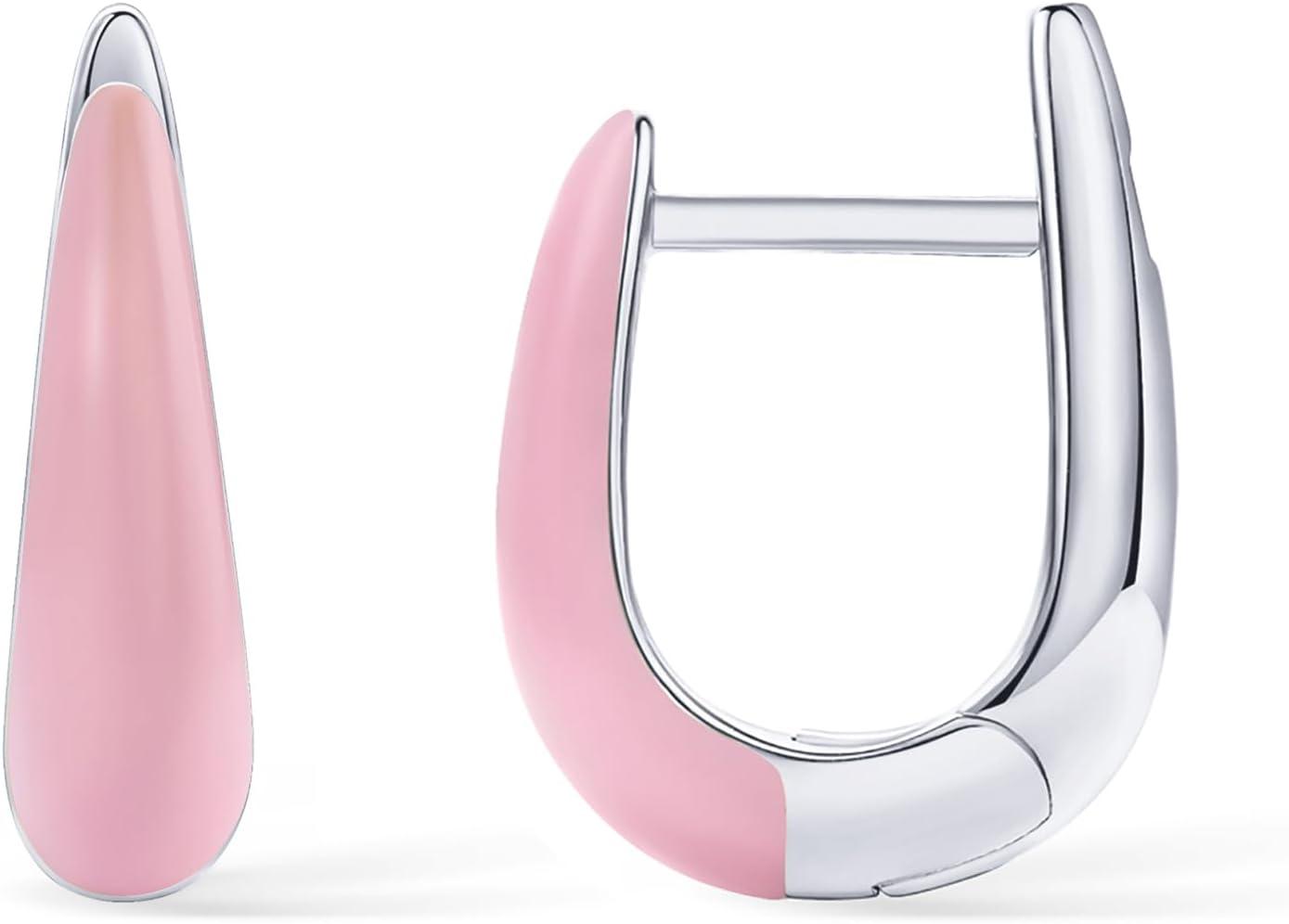 image:imagePAVOI 14K Gold Plated 925 Sterling Silver Post Earrings for Women Colored Enamel Cubic Zirconia Huggie Hoop Earrings Blue Pink Purple White JewelryWhite Gold Pink Enamel