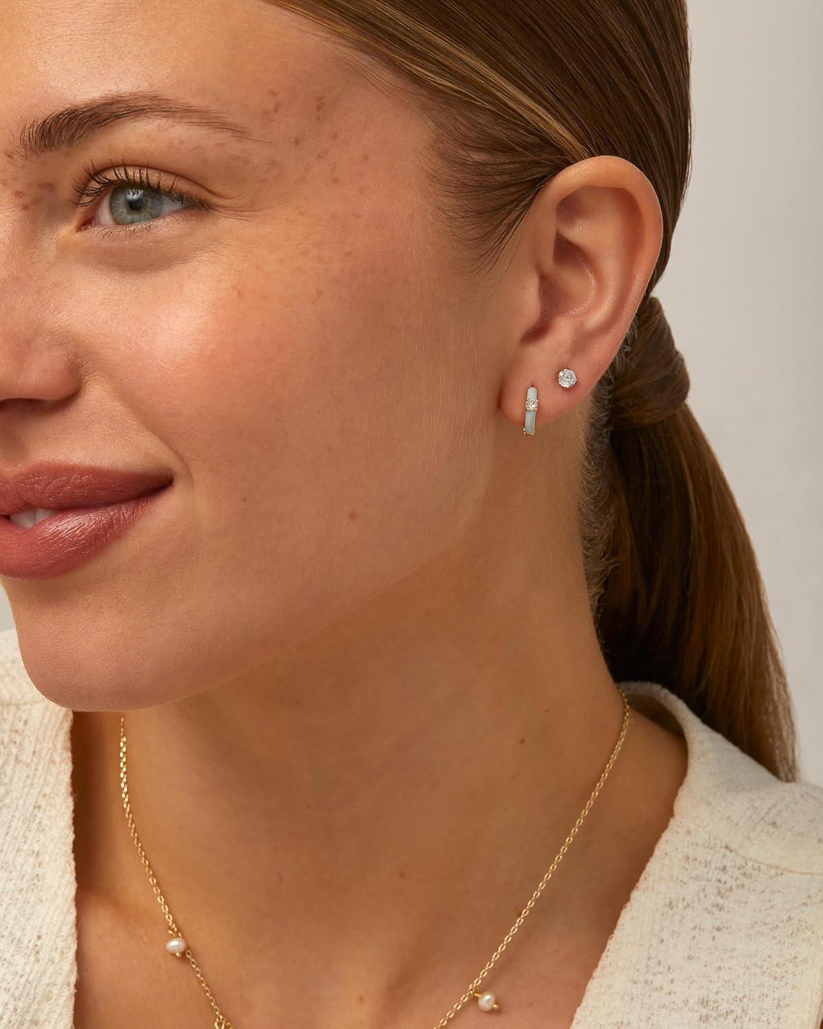 image:imagePAVOI 14K Gold Plated 925 Sterling Silver Post Earrings for Women Colored Enamel Cubic Zirconia Huggie Hoop Earrings Blue Pink Purple White JewelryWhite Gold Blue Enamel