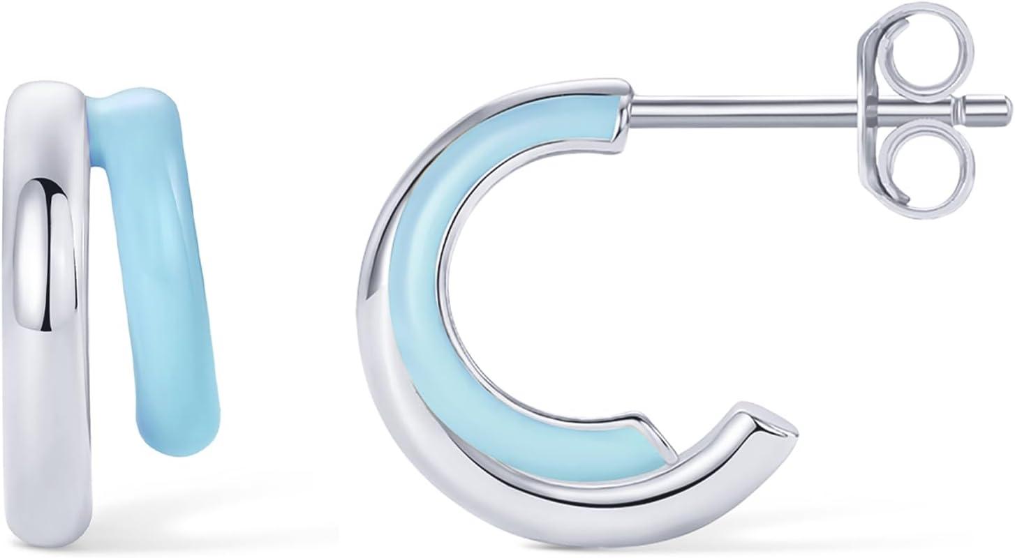 image:imagePAVOI 14K Gold Plated 925 Sterling Silver Post Earrings for Women Colored Enamel Cubic Zirconia Huggie Hoop Earrings Blue Pink Purple White JewelryWhite Gold Blue Enamel