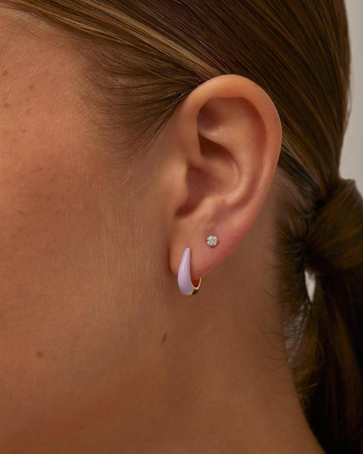 image:imagePAVOI 14K Gold Plated 925 Sterling Silver Post Earrings for Women Colored Enamel Cubic Zirconia Huggie Hoop Earrings Blue Pink Purple White JewelryWhite Gold Purple Enamel