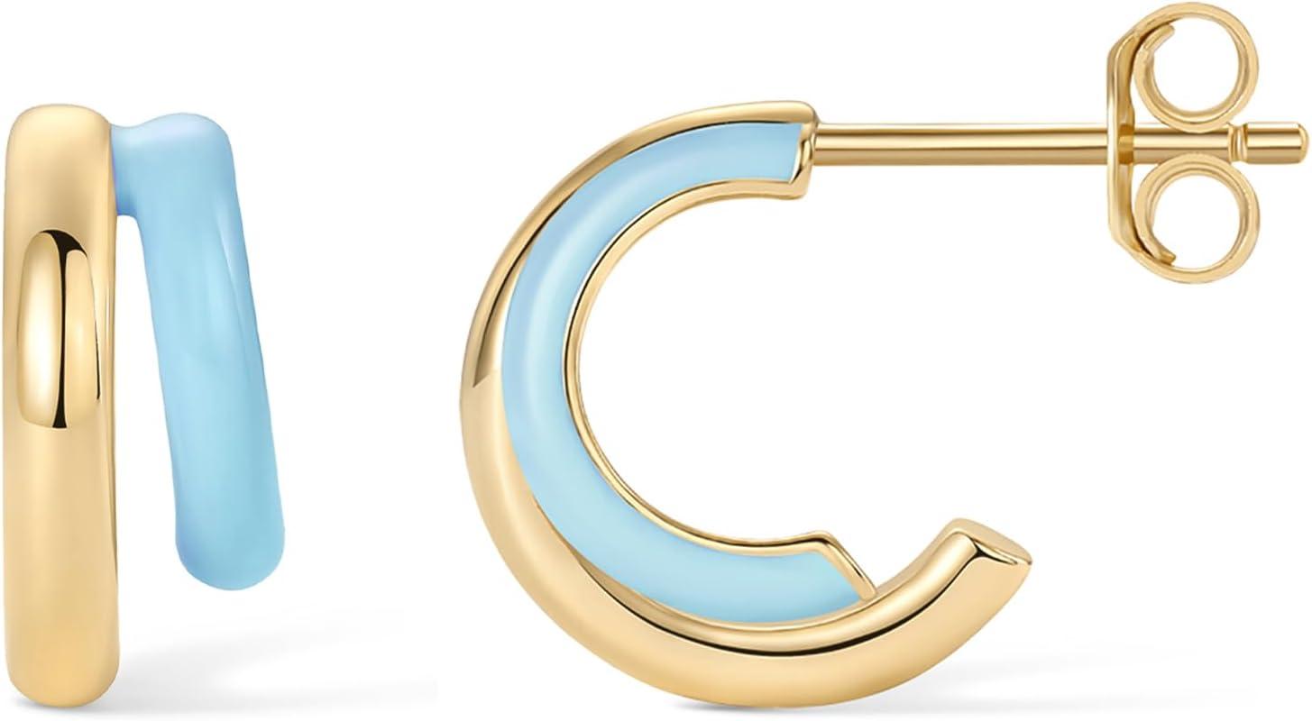 image:imagePAVOI 14K Gold Plated 925 Sterling Silver Post Earrings for Women Colored Enamel Cubic Zirconia Huggie Hoop Earrings Blue Pink Purple White JewelryYellow Gold Blue Enamel