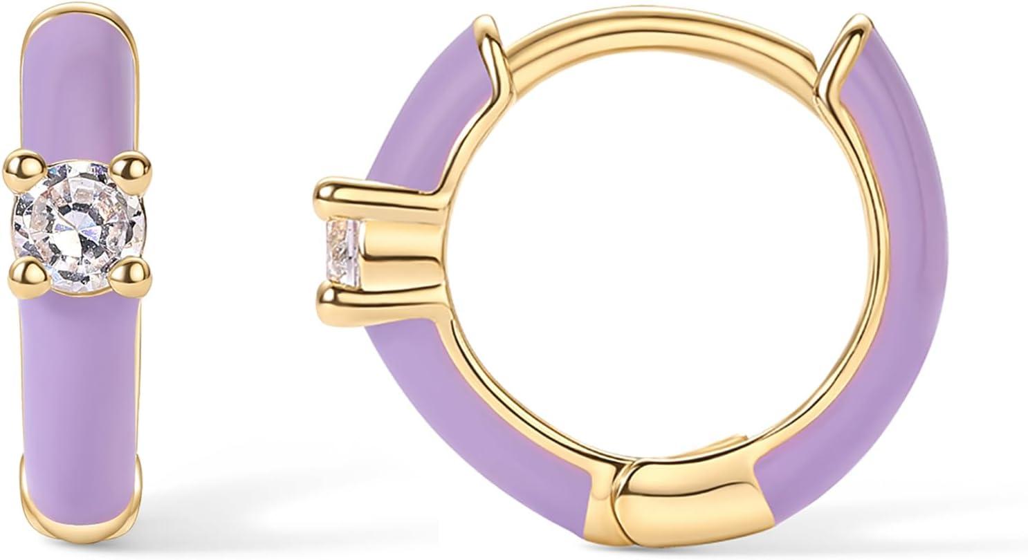 image:imagePAVOI 14K Gold Plated 925 Sterling Silver Post Earrings for Women Colored Enamel Cubic Zirconia Huggie Hoop Earrings Blue Pink Purple White JewelryYellow Gold Purple Enamel