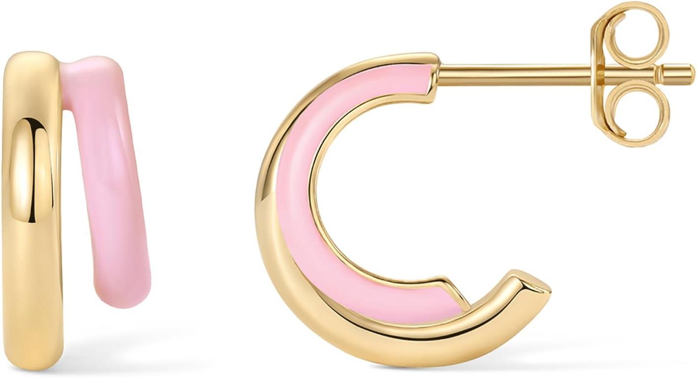 image:imagePAVOI 14K Gold Plated 925 Sterling Silver Post Earrings for Women Colored Enamel Cubic Zirconia Huggie Hoop Earrings Blue Pink Purple White JewelryYellow Gold Pink Enamel