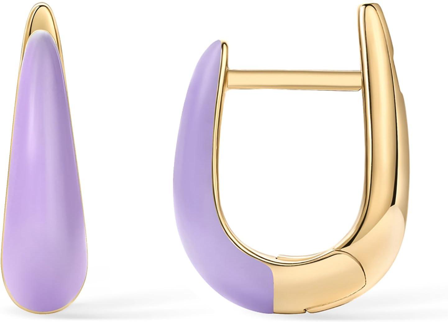 image:imagePAVOI 14K Gold Plated 925 Sterling Silver Post Earrings for Women Colored Enamel Cubic Zirconia Huggie Hoop Earrings Blue Pink Purple White JewelryYellow Gold Purple Enamel