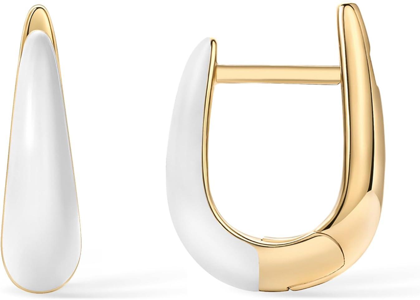 image:imagePAVOI 14K Gold Plated 925 Sterling Silver Post Earrings for Women Colored Enamel Cubic Zirconia Huggie Hoop Earrings Blue Pink Purple White JewelryYellow Gold White Enamel