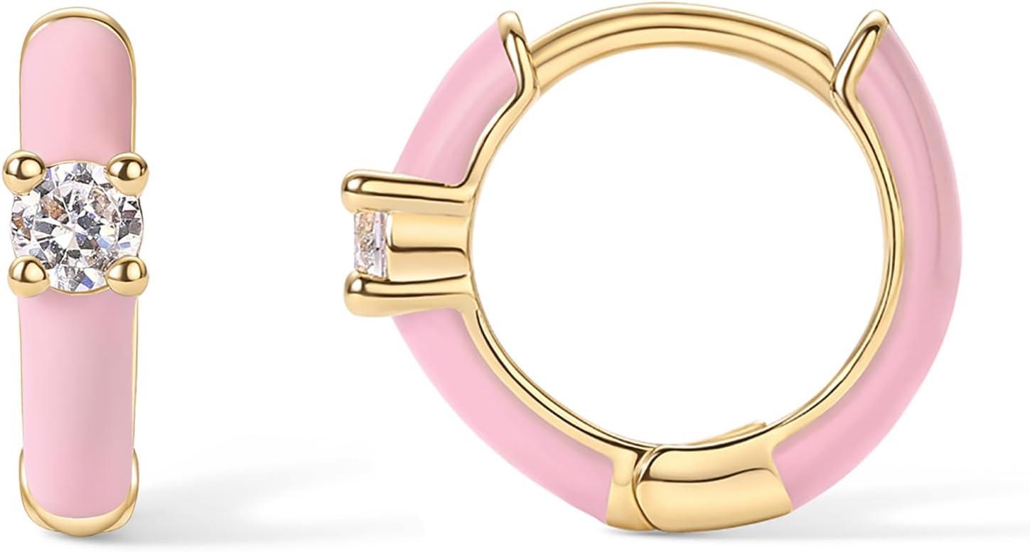image:imagePAVOI 14K Gold Plated 925 Sterling Silver Post Earrings for Women Colored Enamel Cubic Zirconia Huggie Hoop Earrings Blue Pink Purple White JewelryYellow Gold Pink Enamel