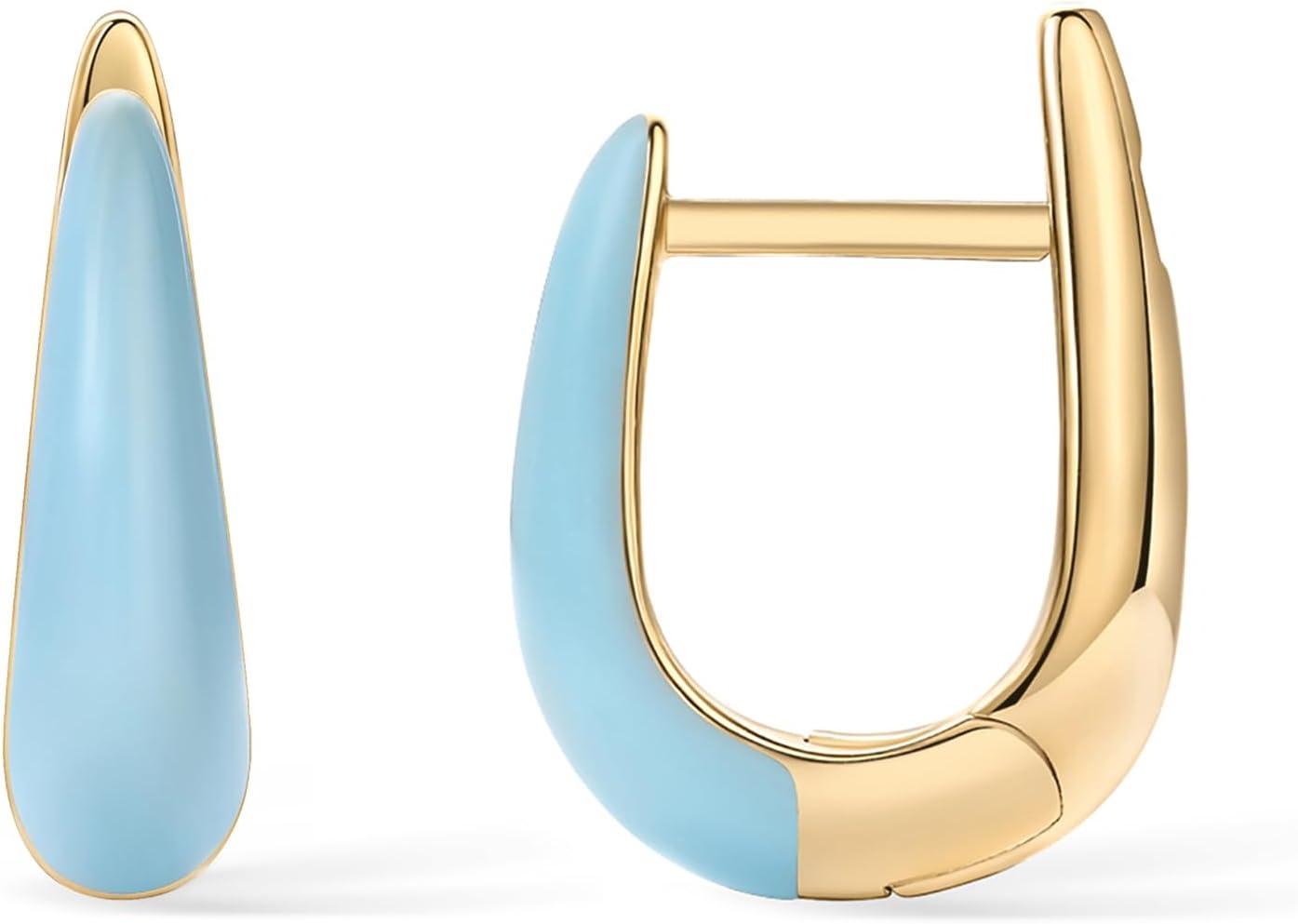 image:imagePAVOI 14K Gold Plated 925 Sterling Silver Post Earrings for Women Colored Enamel Cubic Zirconia Huggie Hoop Earrings Blue Pink Purple White JewelryYellow Gold Blue Enamel