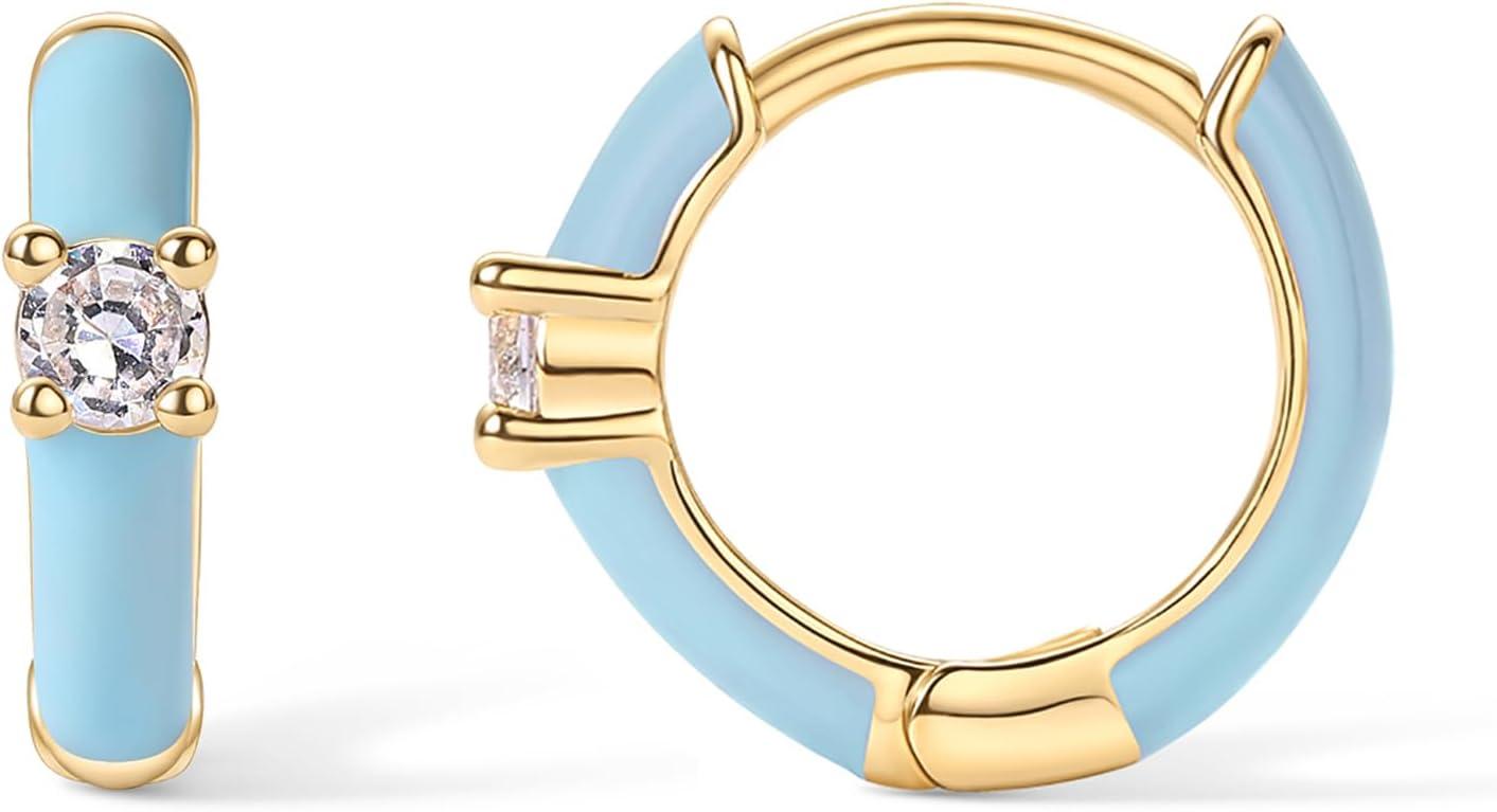image:imagePAVOI 14K Gold Plated 925 Sterling Silver Post Earrings for Women Colored Enamel Cubic Zirconia Huggie Hoop Earrings Blue Pink Purple White JewelryYellow Gold Blue Enamel