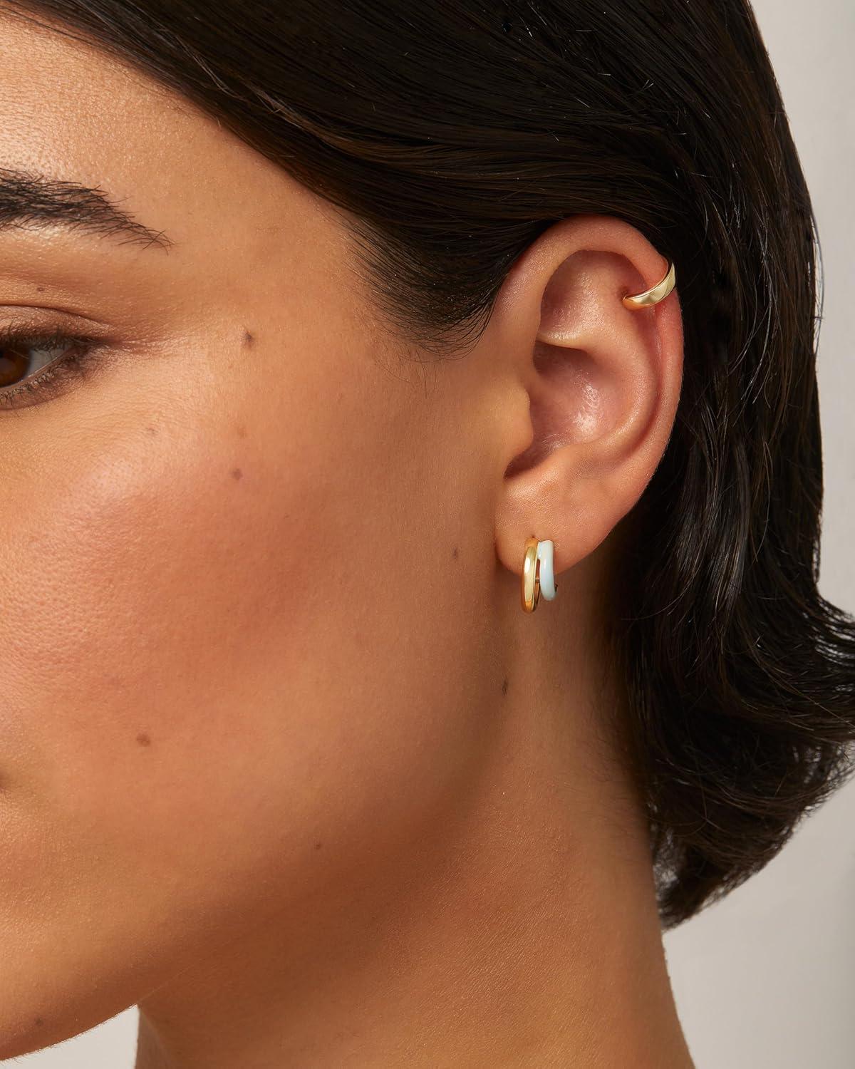 image:imagePAVOI 14K Gold Plated 925 Sterling Silver Post Earrings for Women Colored Enamel Cubic Zirconia Huggie Hoop Earrings Blue Pink Purple White JewelryYellow Gold Blue Enamel