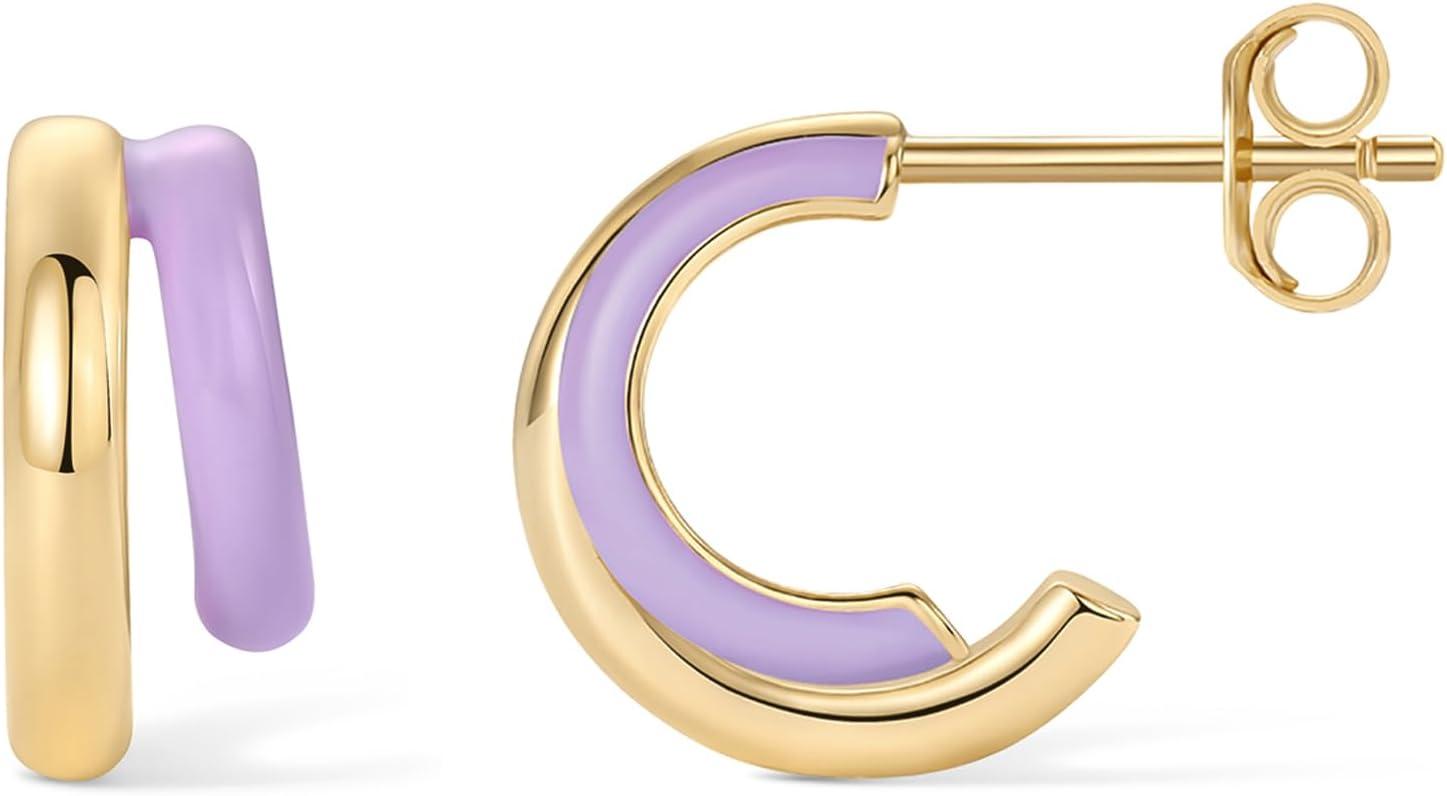 image:imagePAVOI 14K Gold Plated 925 Sterling Silver Post Earrings for Women Colored Enamel Cubic Zirconia Huggie Hoop Earrings Blue Pink Purple White JewelryYellow Gold Purple Enamel