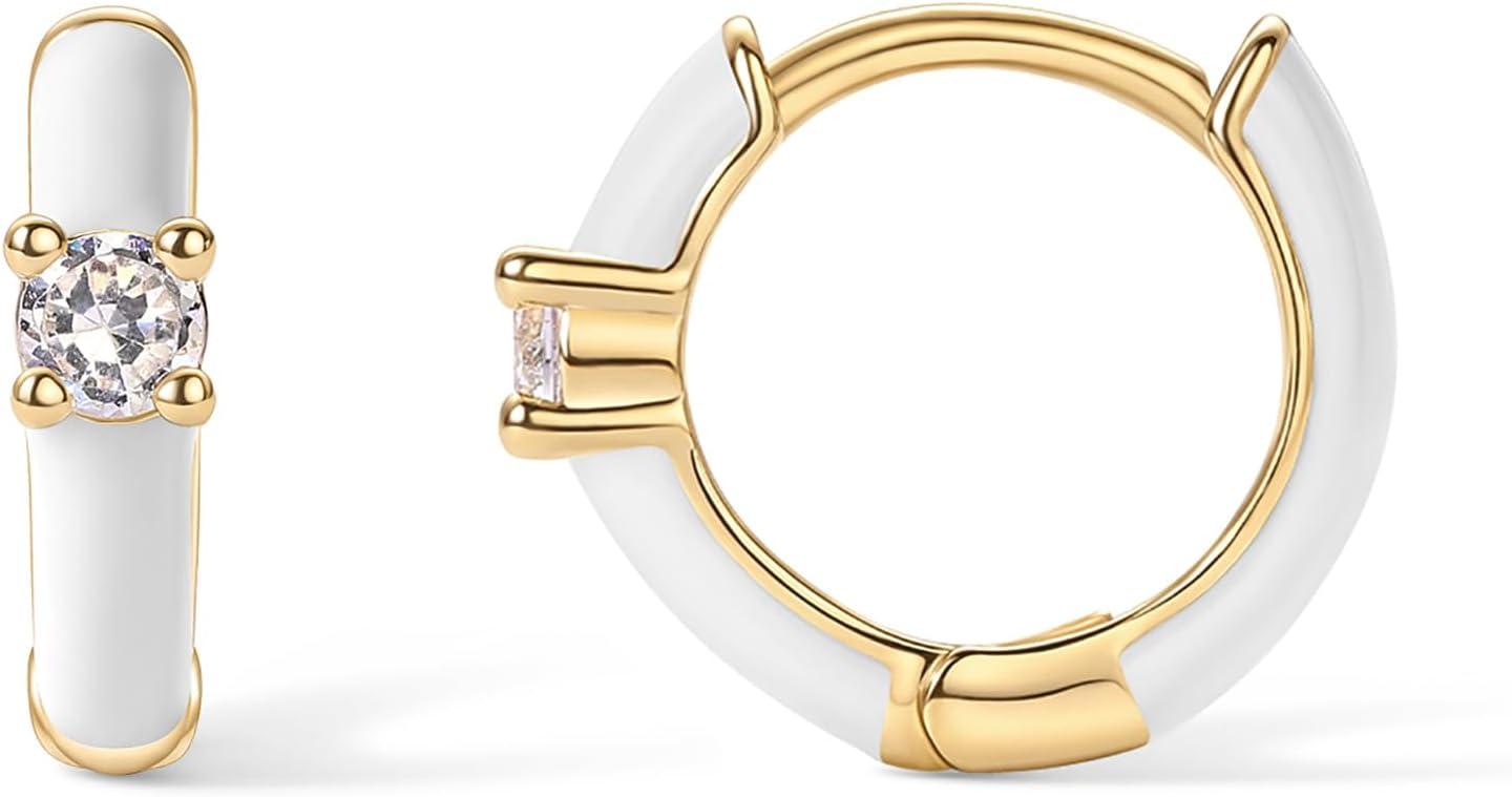 image:imagePAVOI 14K Gold Plated 925 Sterling Silver Post Earrings for Women Colored Enamel Cubic Zirconia Huggie Hoop Earrings Blue Pink Purple White JewelryYellow Gold White Enamel