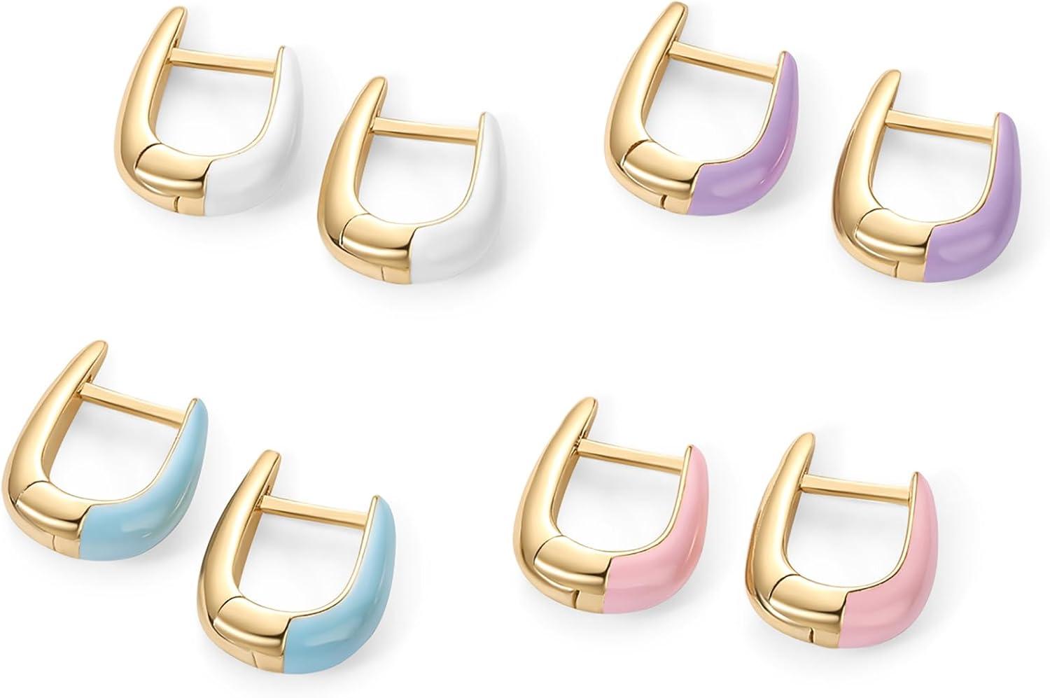 image:imagePAVOI 14K Gold Plated 925 Sterling Silver Post Earrings for Women Colored Enamel Cubic Zirconia Huggie Hoop Earrings Blue Pink Purple White JewelryYellow Gold Purple Enamel