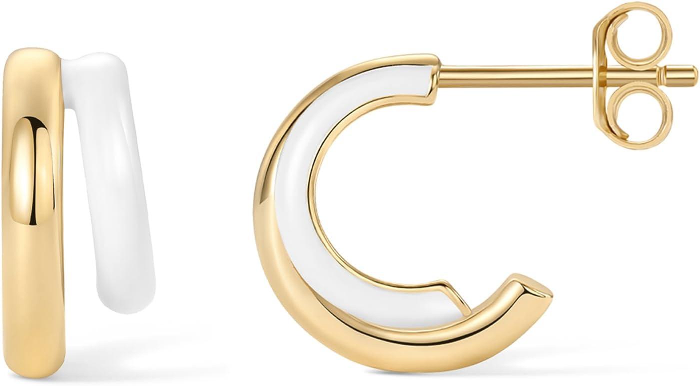 image:imagePAVOI 14K Gold Plated 925 Sterling Silver Post Earrings for Women Colored Enamel Cubic Zirconia Huggie Hoop Earrings Blue Pink Purple White JewelryYellow Gold White Enamel