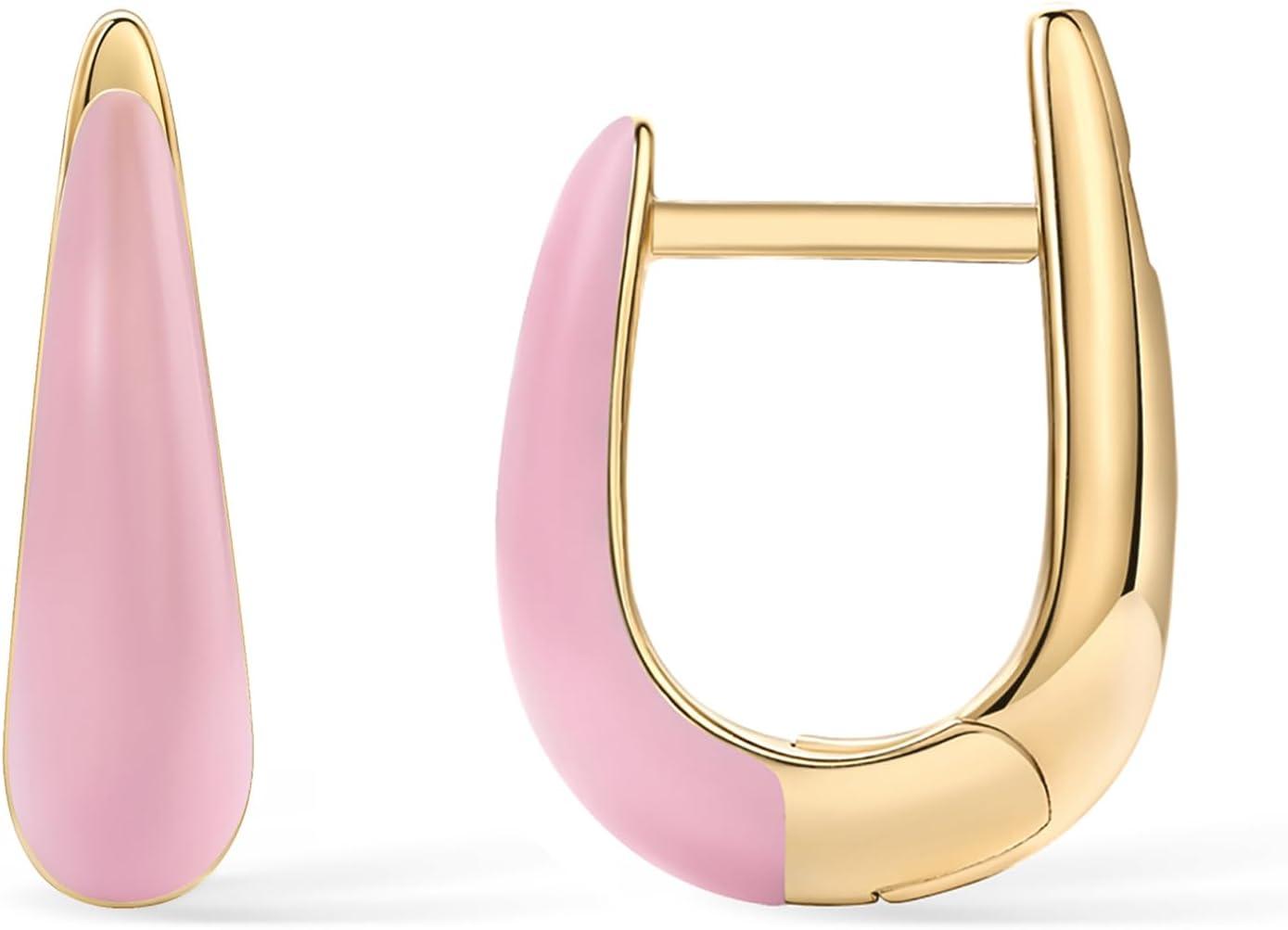 image:imagePAVOI 14K Gold Plated 925 Sterling Silver Post Earrings for Women Colored Enamel Cubic Zirconia Huggie Hoop Earrings Blue Pink Purple White JewelryYellow Gold Pink Enamel