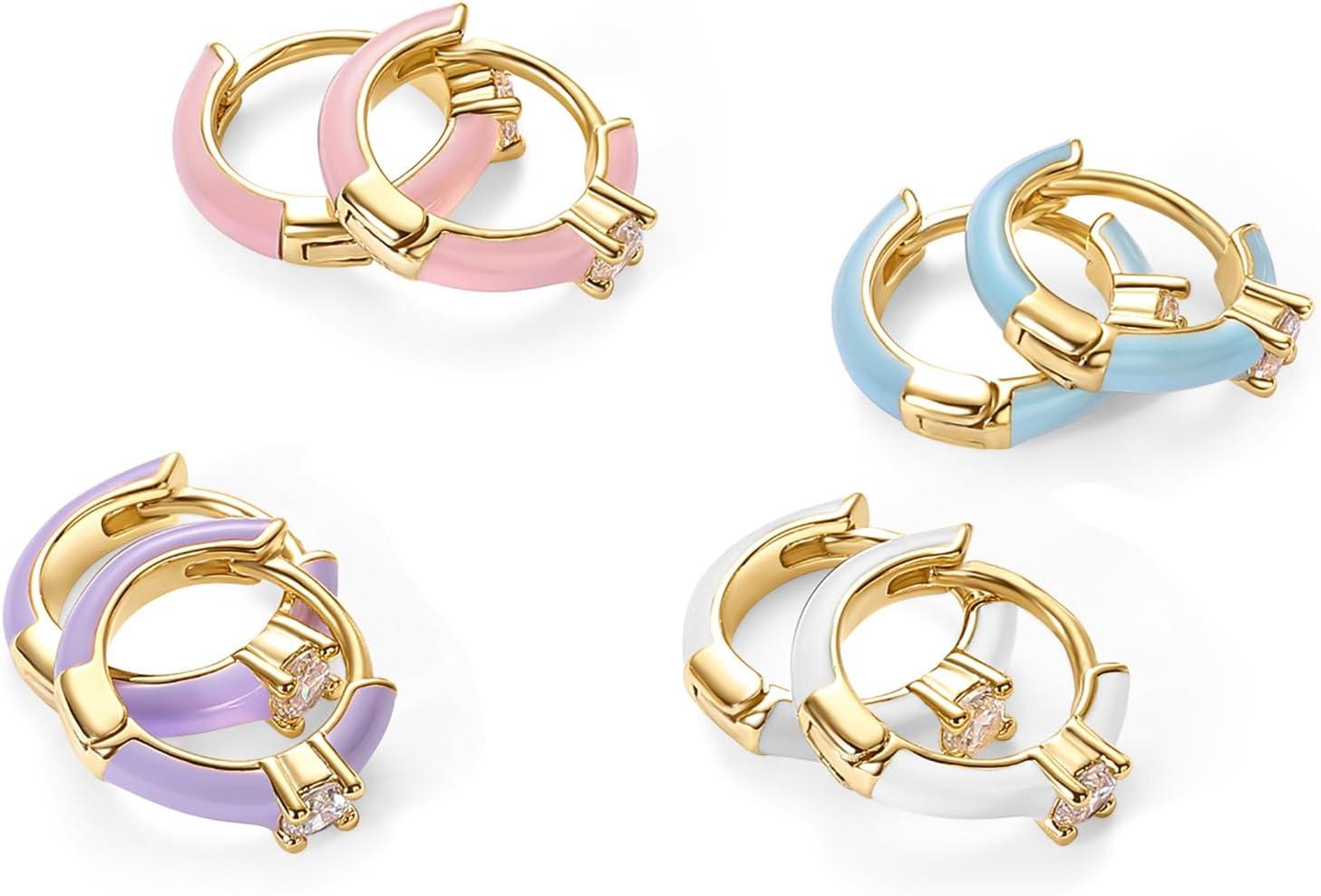 image:imagePAVOI 14K Gold Plated 925 Sterling Silver Post Earrings for Women Colored Enamel Cubic Zirconia Huggie Hoop Earrings Blue Pink Purple White JewelryYellow Gold White Enamel
