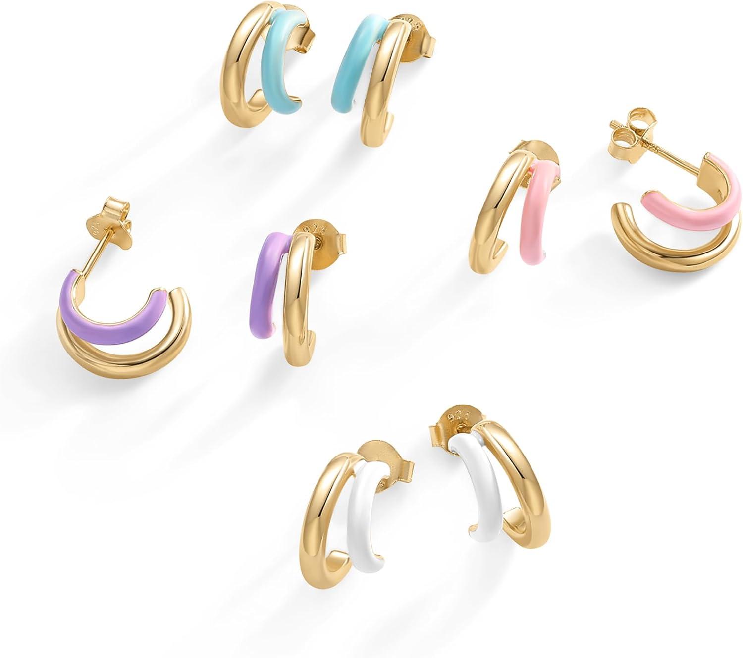 image:imagePAVOI 14K Gold Plated 925 Sterling Silver Post Earrings for Women Colored Enamel Cubic Zirconia Huggie Hoop Earrings Blue Pink Purple White JewelryYellow Gold Blue Enamel