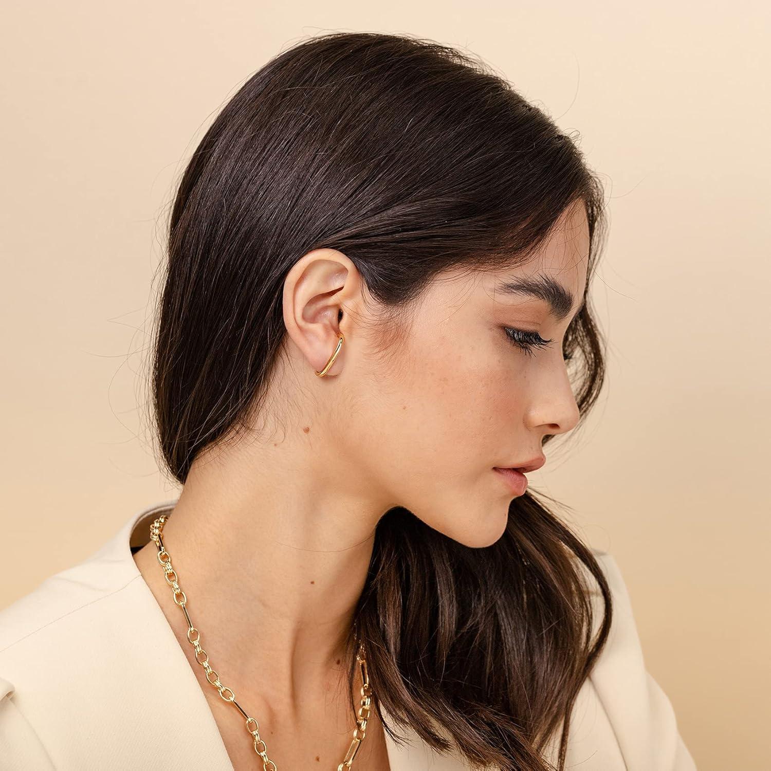 image:imagePAVOI 14K Gold Plated 925 Sterling Silver Post Minimalist Suspender Ear Cuff Earrings for Women Wrap Earlobe StudsYellow Gold