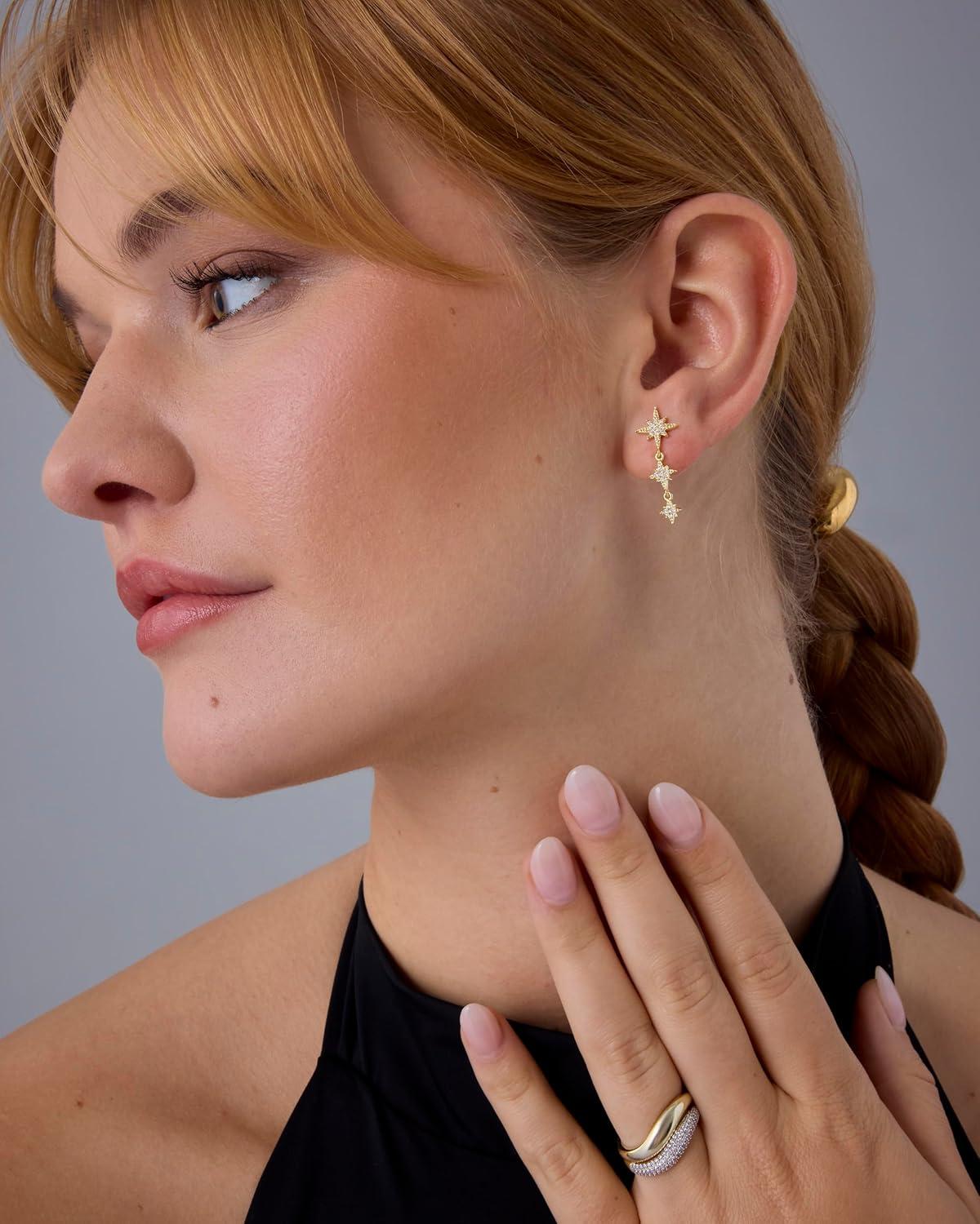 image:imagePAVOI 14K Gold Plated 925 Sterling Silver Posts Cubic Zirconia North Star Drop Dangle Earrings for Women Celestial Gold Statement EarringsWhite Gold