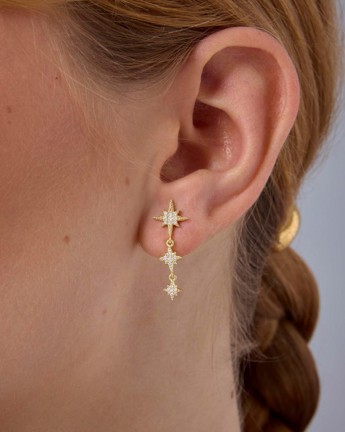 image:imagePAVOI 14K Gold Plated 925 Sterling Silver Posts Cubic Zirconia North Star Drop Dangle Earrings for Women Celestial Gold Statement EarringsWhite Gold