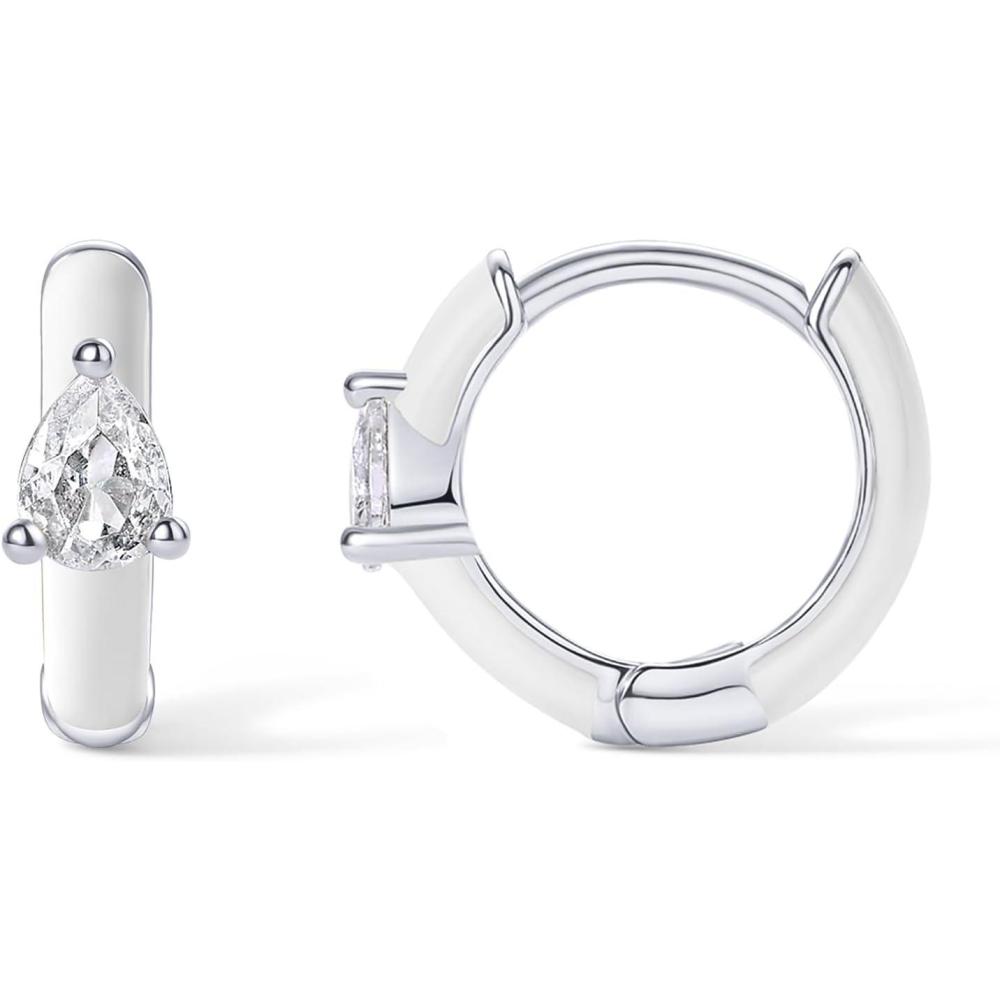 image:imagePAVOI 14K Gold Plated 925 Sterling Silver Post Earrings for Women Colored Enamel Cubic Zirconia Huggie Hoop Earrings Blue Pink Purple White JewelryWhite Gold White Enamel