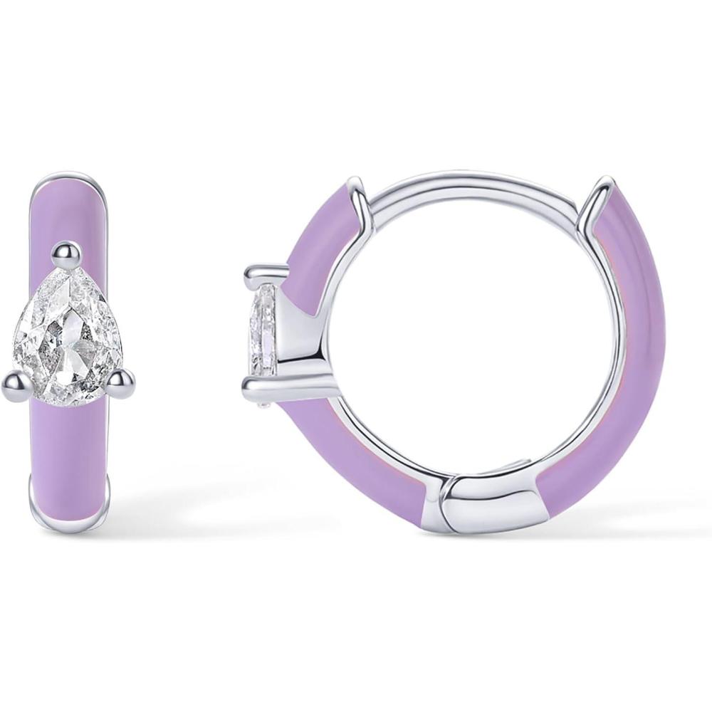 image:imagePAVOI 14K Gold Plated 925 Sterling Silver Post Earrings for Women Colored Enamel Cubic Zirconia Huggie Hoop Earrings Blue Pink Purple White JewelryWhite Gold Purple Enamel