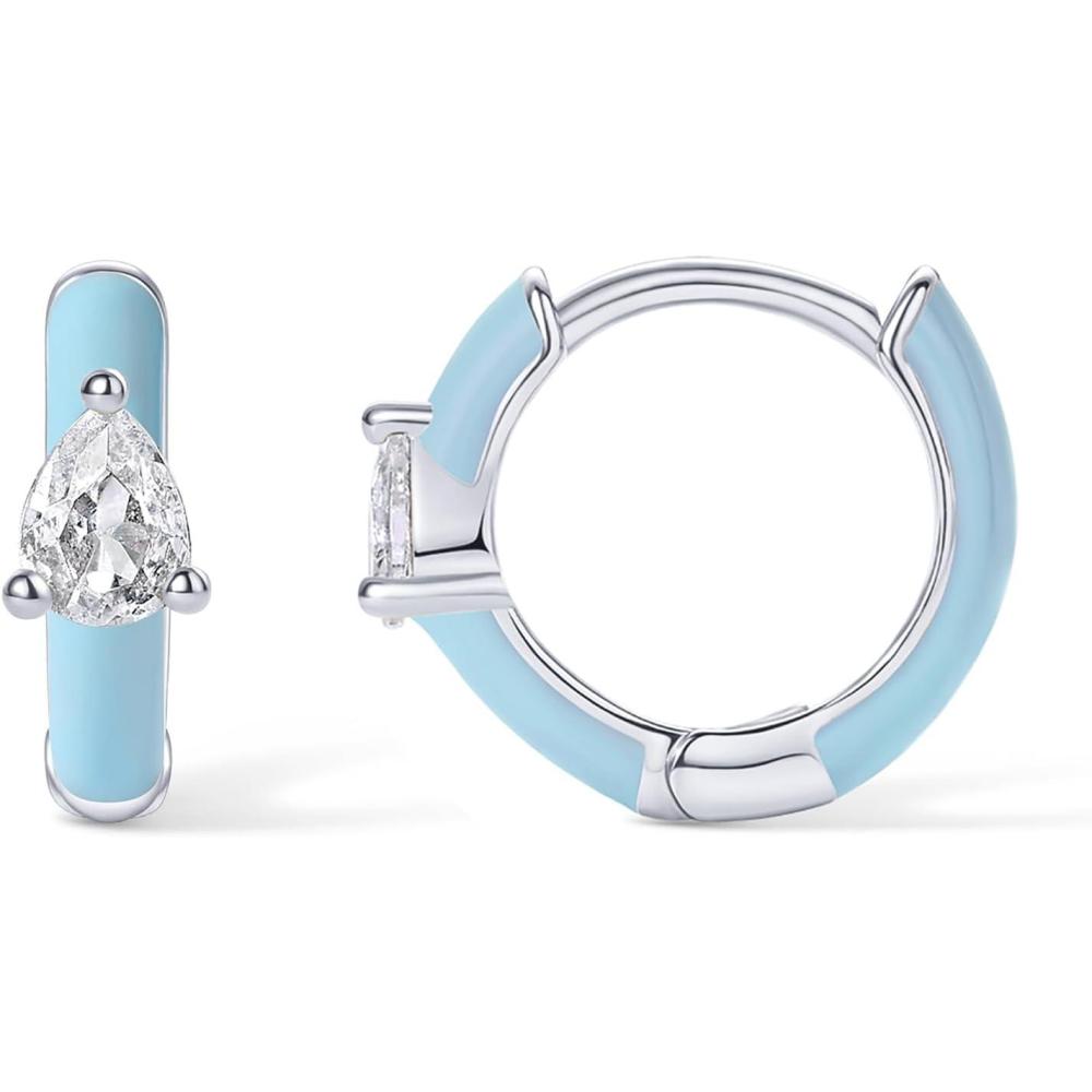 image:imagePAVOI 14K Gold Plated 925 Sterling Silver Post Earrings for Women Colored Enamel Cubic Zirconia Huggie Hoop Earrings Blue Pink Purple White JewelryWhite Gold Blue Enamel
